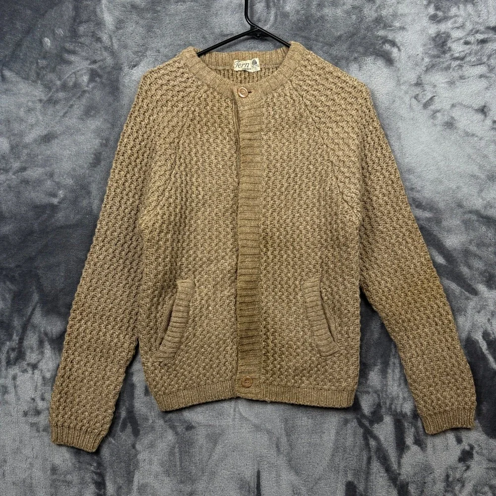 Tern London Cardigan Sweater Mens S Tan Pure Wool Waffle Knit Raglan Button Up